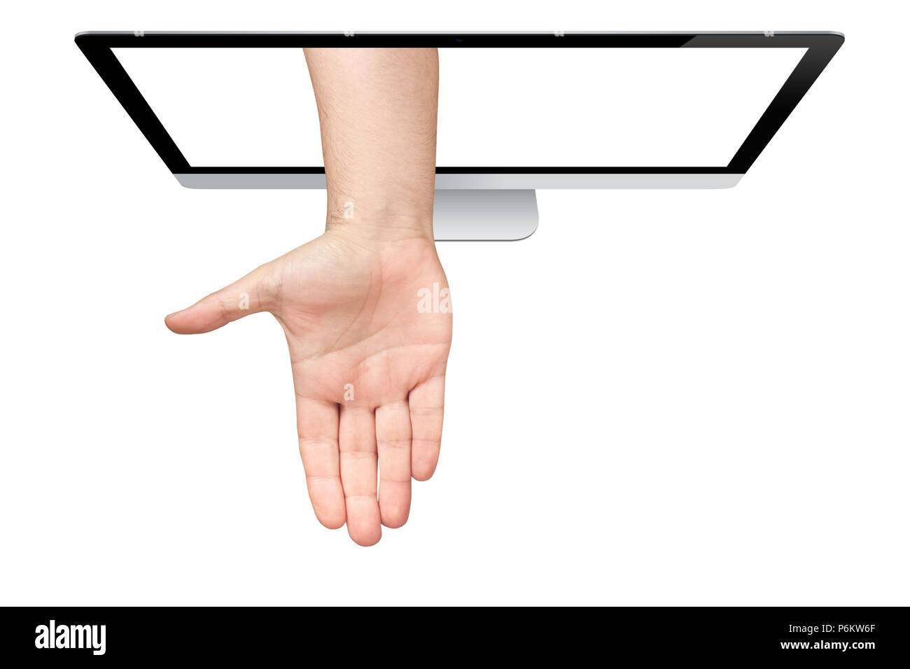 Topview von männlichen palm Hand aus Bildschirm isoliert auf weißem Hintergrund Stockfoto