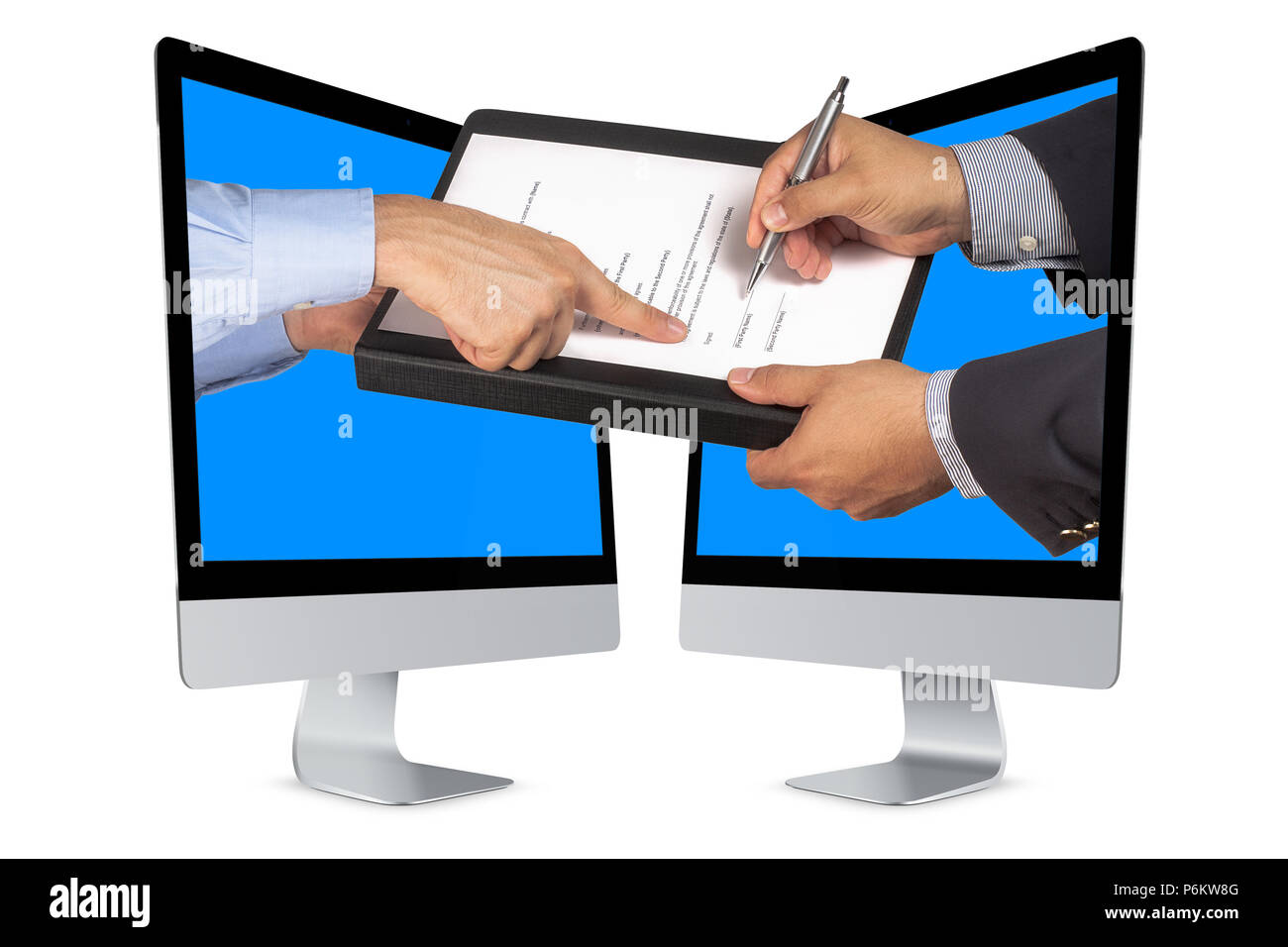 Unternehmer oder Verkäufer Zeiger auf Vertrag, bei denen der Kunde oder Partner unterzeichnen mit Kugelschreiber sowohl aus dem Computerbildschirm ist isoliert Stockfoto