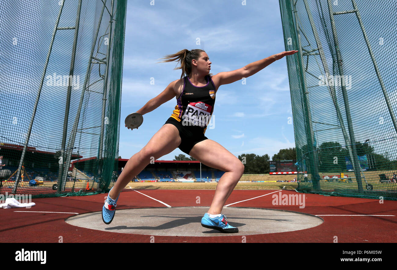 Großbritanniens Tara Park in Aktion während der Frauen Discus bei Tag zwei Der Muller britischen Leichtathletik Meisterschaften an Alexander Stadium, Birmingham. Stockfoto
