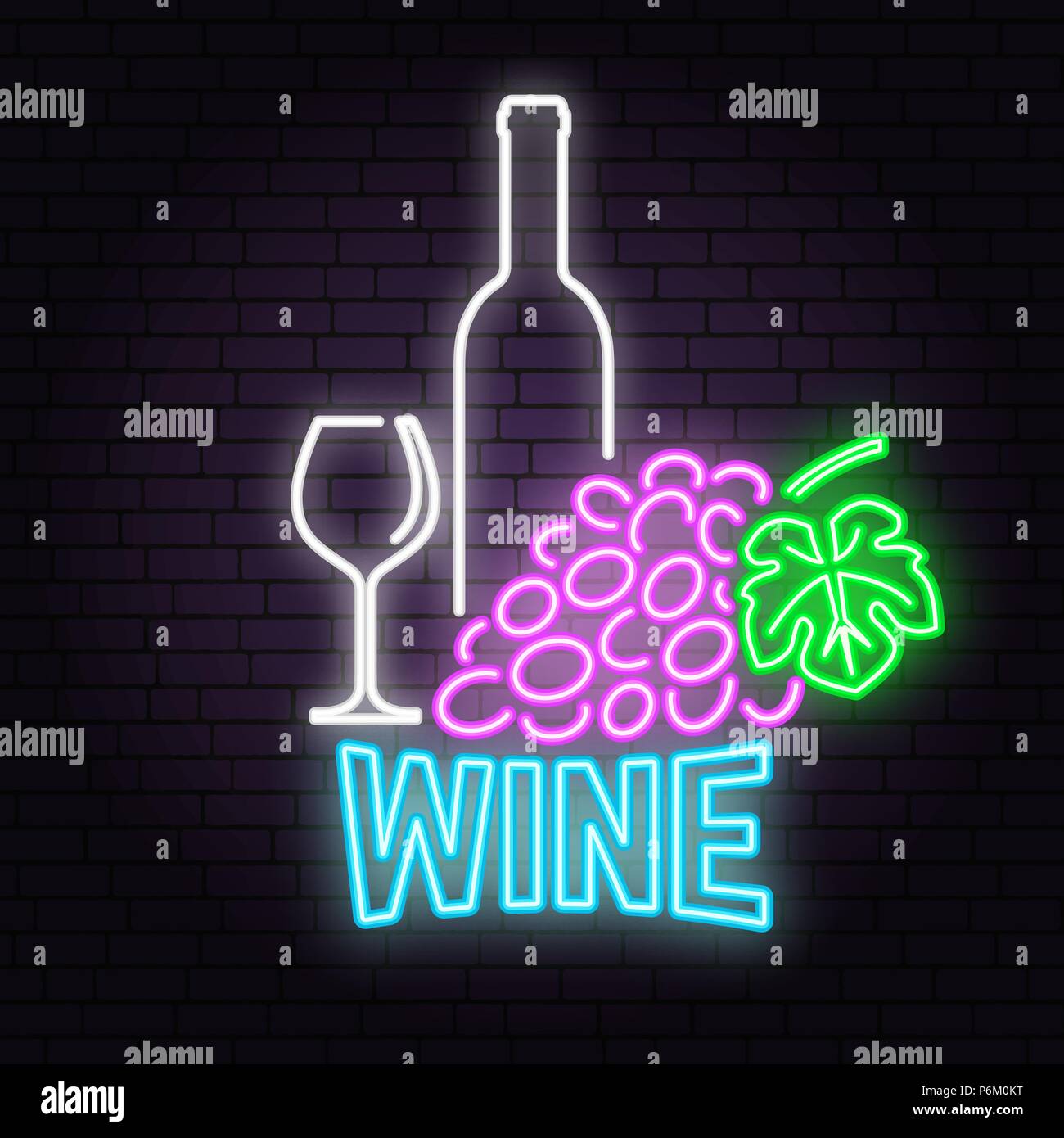 Retro neon Wein Zeichen auf Stein Wand Hintergrund. Neon Design für Schild oder Etikett. Vector Illustration. Neon Design für Bar, Pub oder Restaurant. Untersetzer für Gläser Stock Vektor