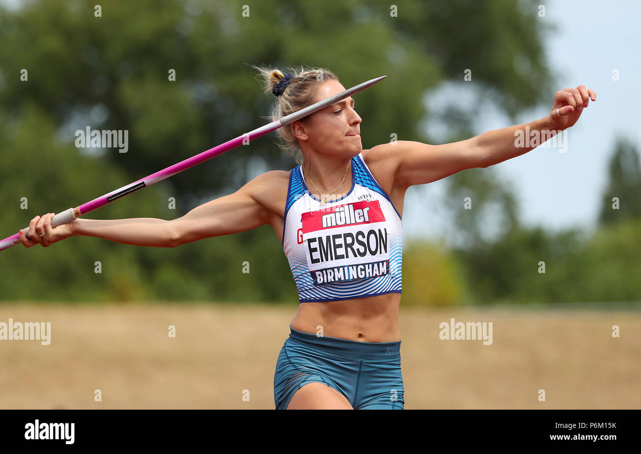 Großbritanniens Niamh Emerson konkurriert in der Frauen Speerwerfen Finale bei Tag zwei Der Muller britischen Leichtathletik Meisterschaften an Alexander Stadium, Birmingham. Stockfoto