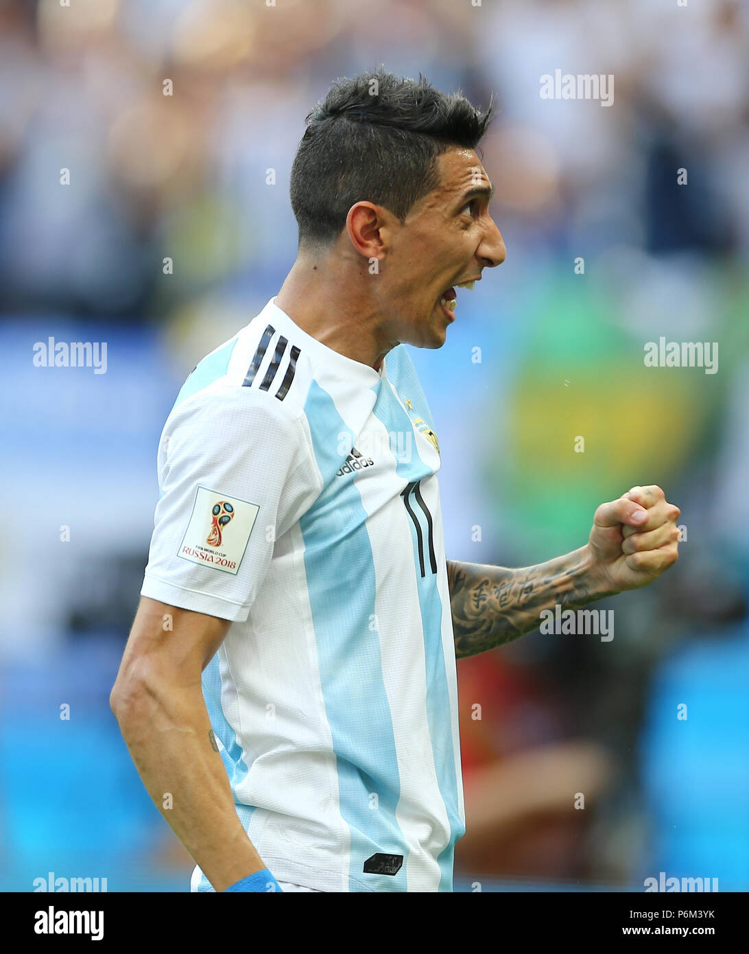 Kasan, Russland, 30. Juni 2018: Angel DI MARIA Gesten nach seinem ersten Ziel während der ersten Runde der 16 waren Frankreich und Argentinien gespielt, eine WM, in dem Frankreich 4 & 3 Argentinien Argentinien-Kampagne zu einem Ende kam, als Frankreich ein Sieg von 4-3. Seshadri SUKUMAR Credit: SESHADRI SUKUMAR / alamy Leben Nachrichten Stockfoto