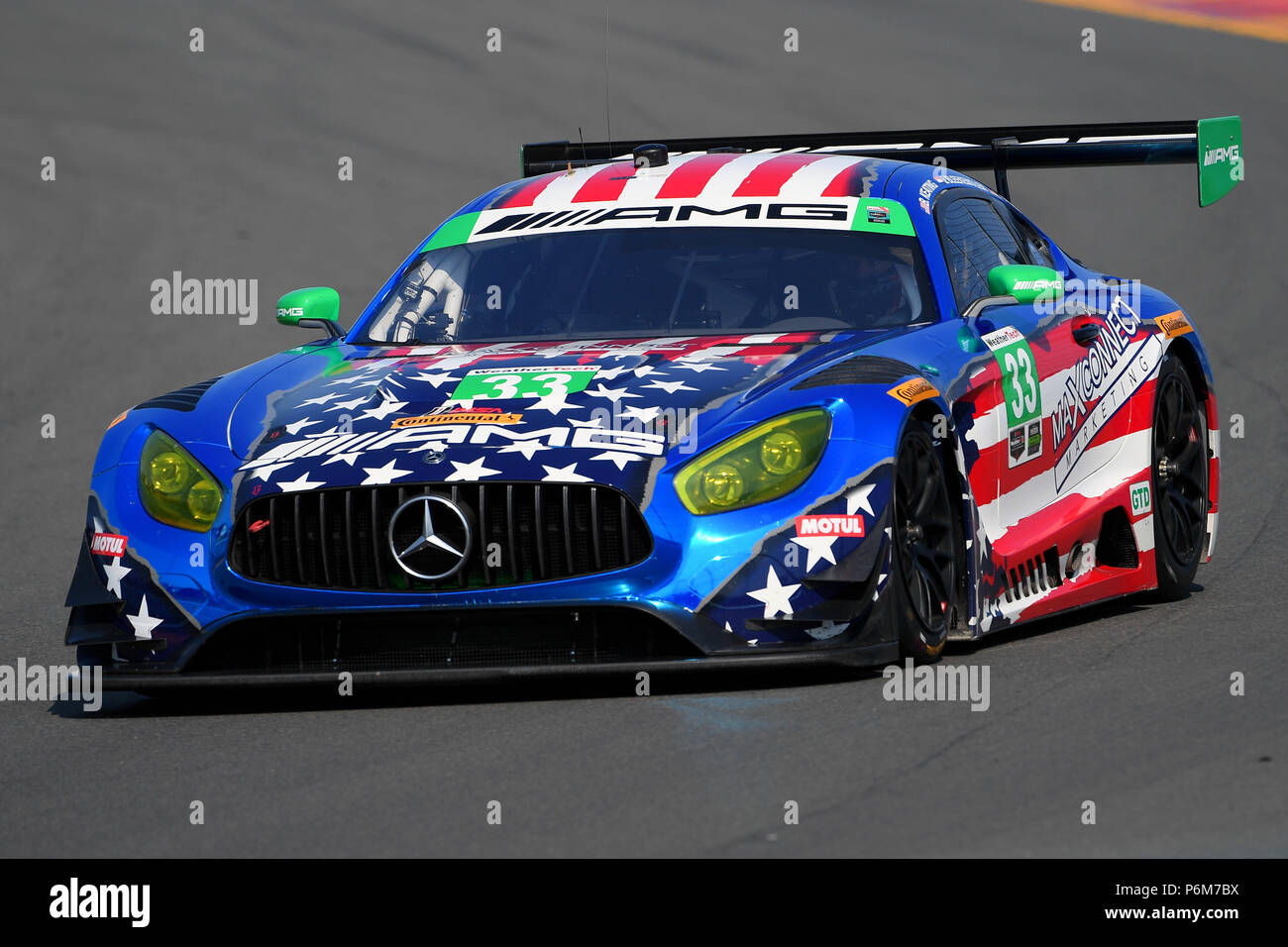 Juli 1, 2018: Die #33 Mercedes-AMG Team Riley Motorsports, Mercedes-AMG GT3 angetrieben von Ben Keating, der Vereinigten Staaten, Jeroen Bleekemolen, der Niederlande und Luca Stolz, von Deutschland während sechs der IMSA WeatherTech Sportwagen der Meisterschaft Sahlen Stunden des Glen am Sonntag, den 1. Juli 2018 in Watkins Glen International in Watkins Glen, New York. Reich Barnes/CSM Stockfoto