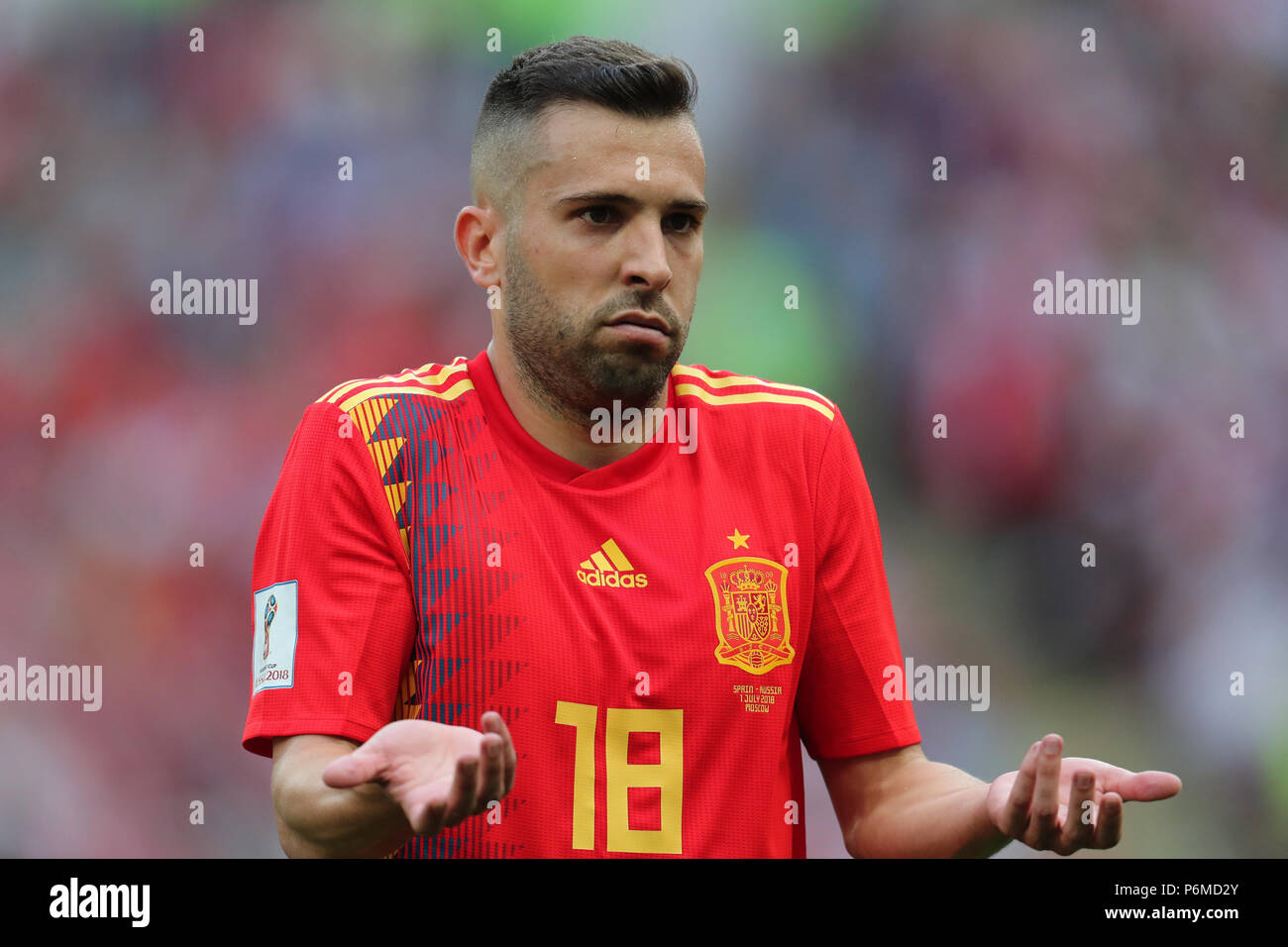 Jordi Alba SPANIEN SPANIEN gegen Russland, 2018 FIFA WORLD CUP RUSSLAND, 01. Juli 2018 GBC 9099 Spanien gegen Russland 2018 FIFA WM Russland STRENG REDAKTIONELLE VERWENDUNG NUR. Wenn der Spieler/Spieler in diesem Bild dargestellt ist/Spielen für einen englischen Club oder das England National Team. Dann ist dieses Bild darf nur für redaktionelle Zwecke verwendet werden. Keine kommerzielle Nutzung. Folgende Verwendungen sind auch dann eingeschränkt, wenn in einem redaktionellen Kontext: Verwendung in Verbindung mit oder als Teil eines nicht autorisierten Audio-, Video-, Daten-, Spielpläne, Verein/liga Logos, Wetten, Spiele oder eine "Live"-Diensten. Sind auch Eingeschränkt Stockfoto