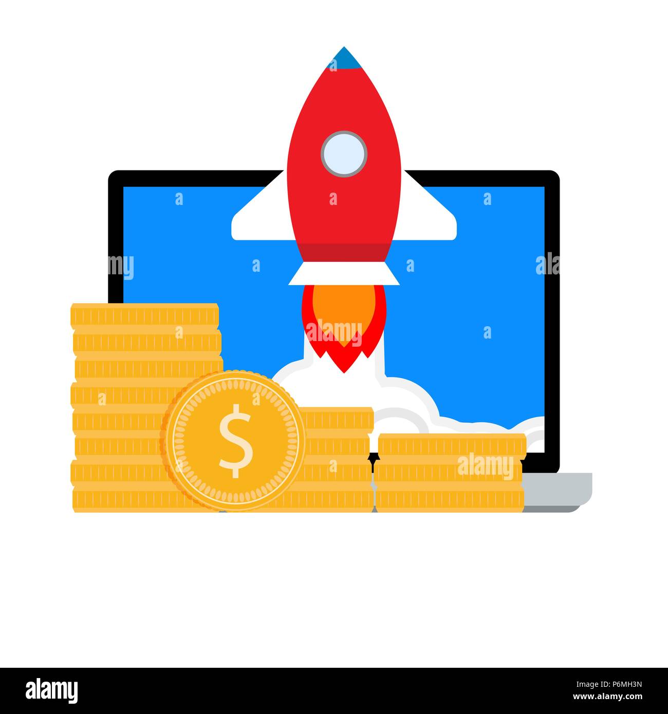 Die Investition in Starten. Laptop mit Start Rakete und Stacks goldenen Münzen Dollar. Vector Illustration Stock Vektor