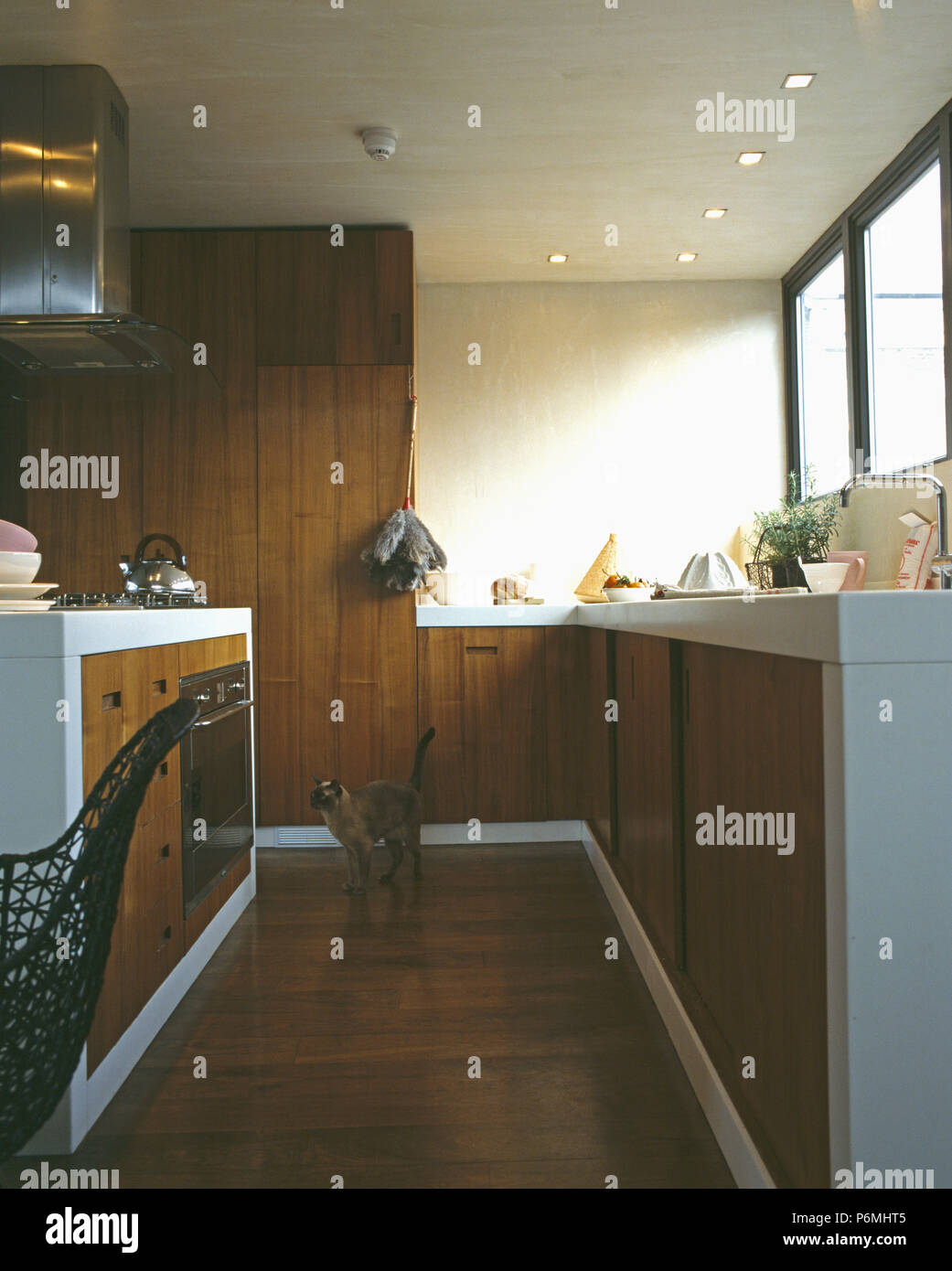 Holzboden in der modernen Küche mit dunkelbraunem Holz getäfelten Türen und Wand Stockfoto