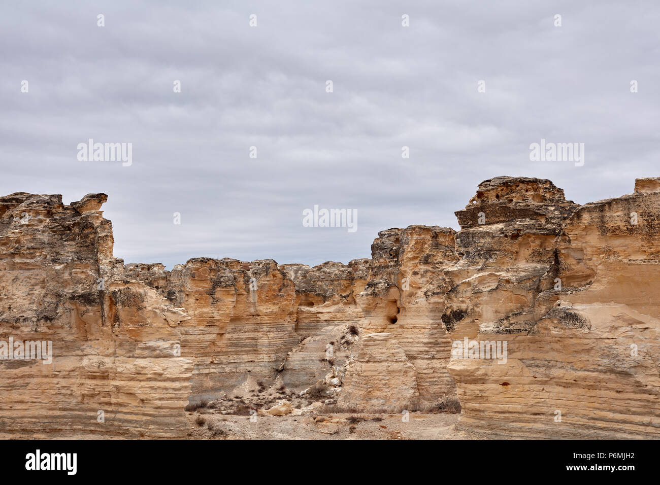 Felsige Landschaft des Castle Rock Badlands in Kansas. Stockfoto