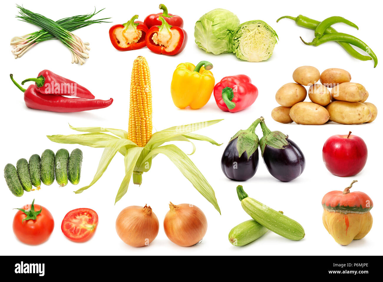 Stellen Sie nützliche Obst und Gemüse für Projekt auf weißem Hintergrund Stockfoto