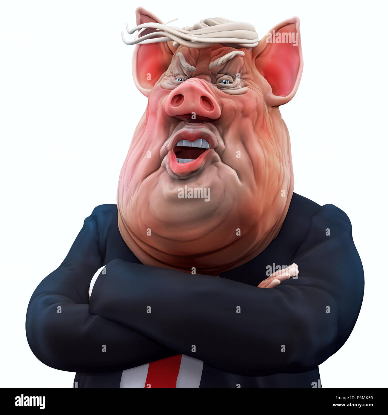 Schwein Chef Gespräche mit verschränkten Armen. Die Farm der Tiere. 3D-Darstellung Stockfoto