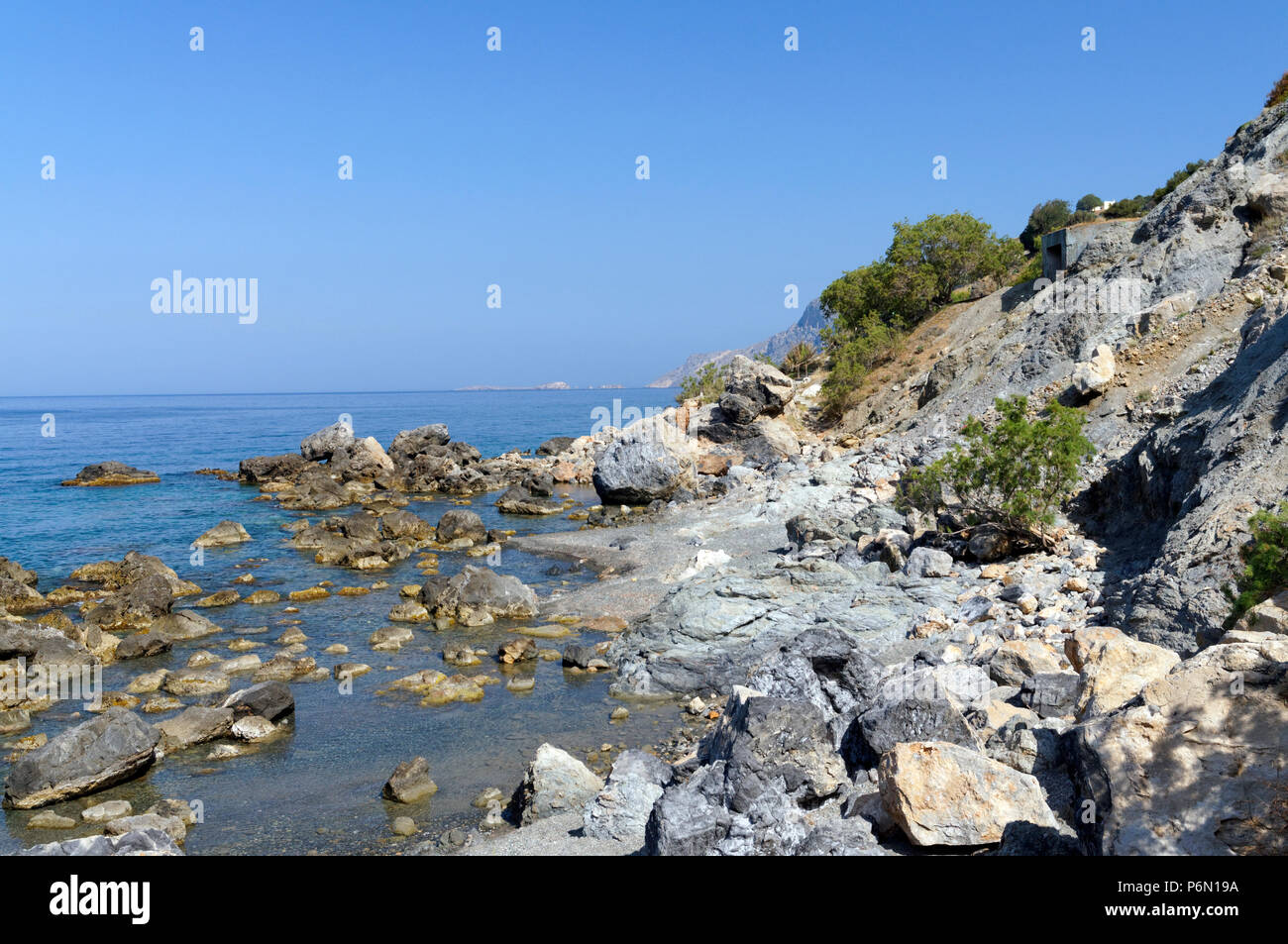 Strand Linaria, Kantoumi, Panormas, Kalymnos, Dodekanes, Griechenland. Stockfoto