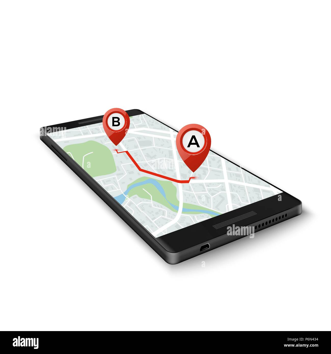 Mobile GPS-System Konzept. Mobile GPS-app-Schnittstelle. Karte auf dem Bildschirm "Telefon" mit der Route der Marker. Vector Illustration auf weißem Hintergrund Stock Vektor