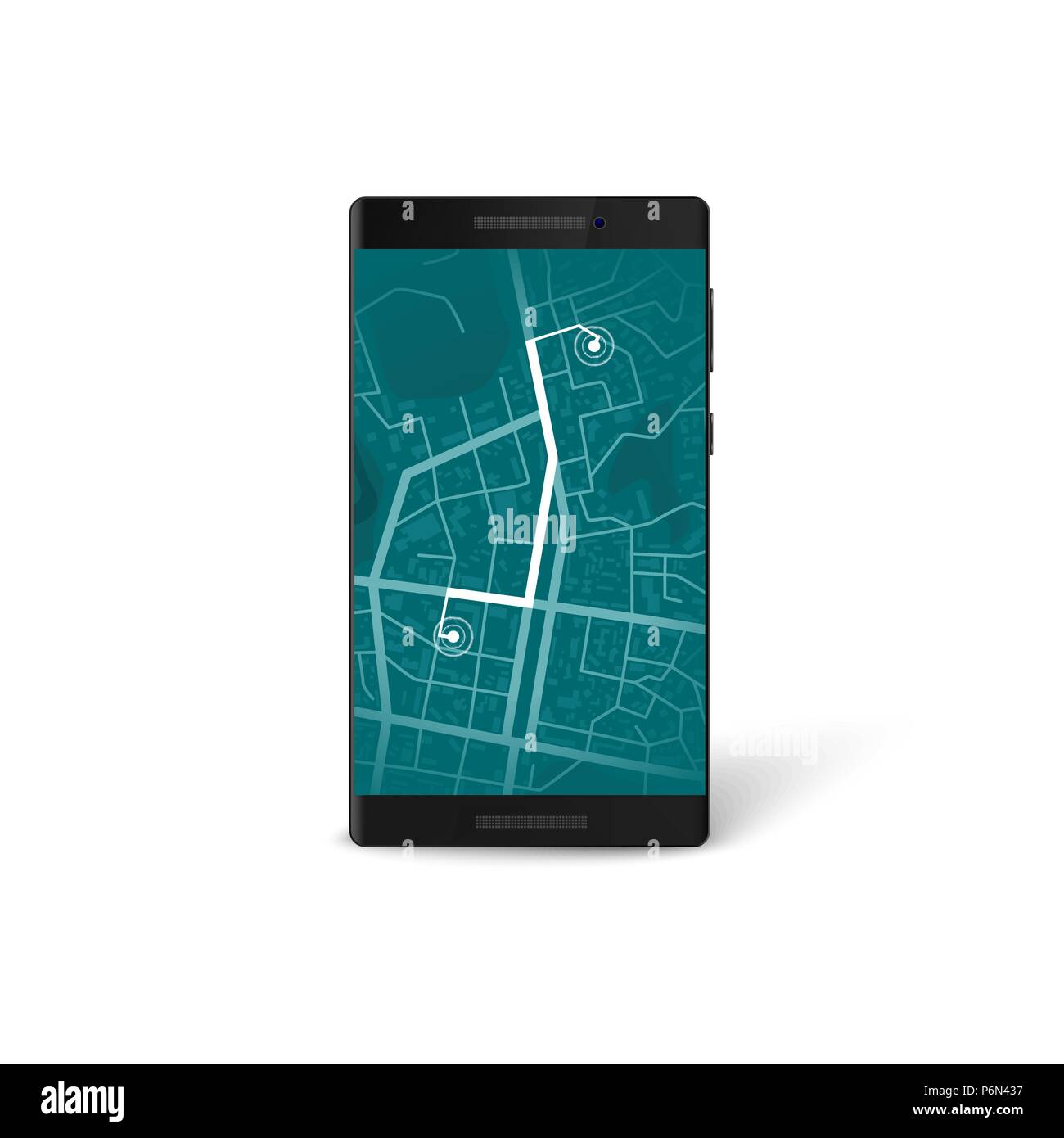Mobile Navigation app Interface. Karte und GPS-Navigation Konzept. Stadtplan auf Telefonbildschirm mit markierten Weg. Vector Illustration Stock Vektor