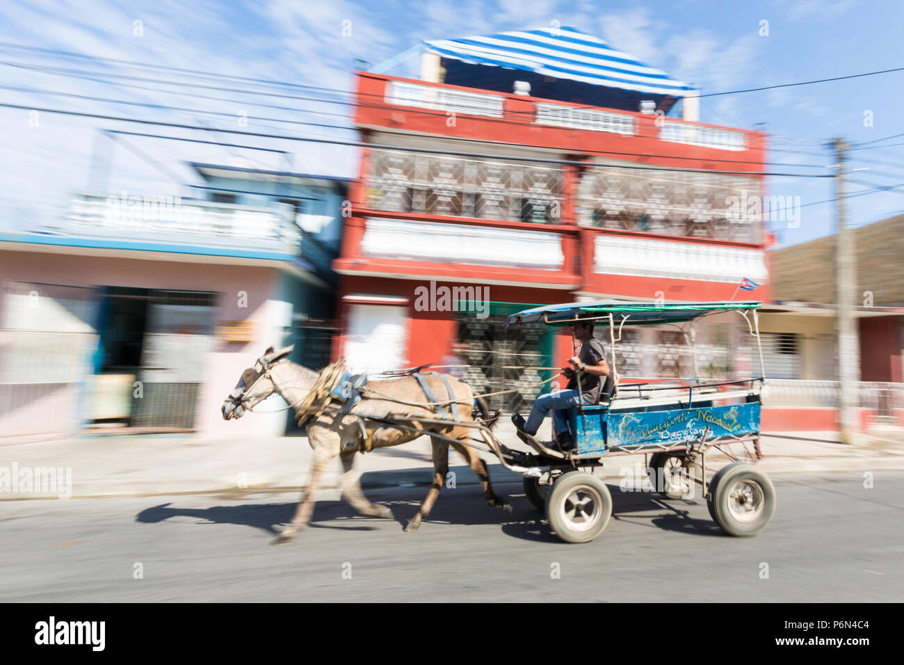Ein Pferdefuhrwerk lokal bekannt als Coche in Cienfuegos, Kuba. Stockfoto