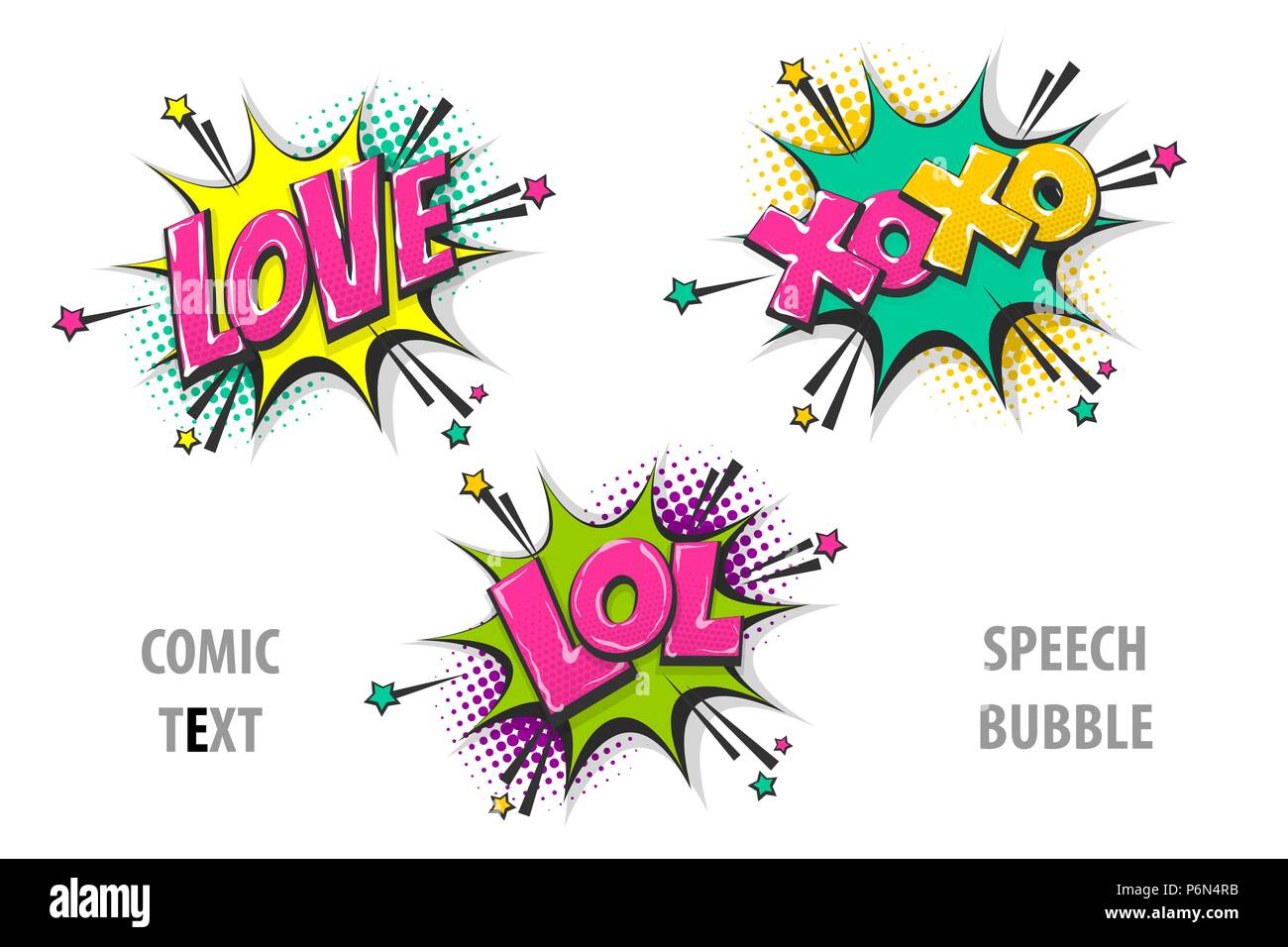 Set Comic Text Sprechblase Liebe xoxo lol Stock Vektor