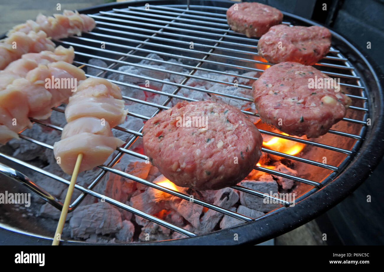 Rohes Huhn, auf einem Grill, rohes Huhn, ungekochte Fleisch, über Holzkohle auf einem Garten Grill, Sommer BBQ Stockfoto