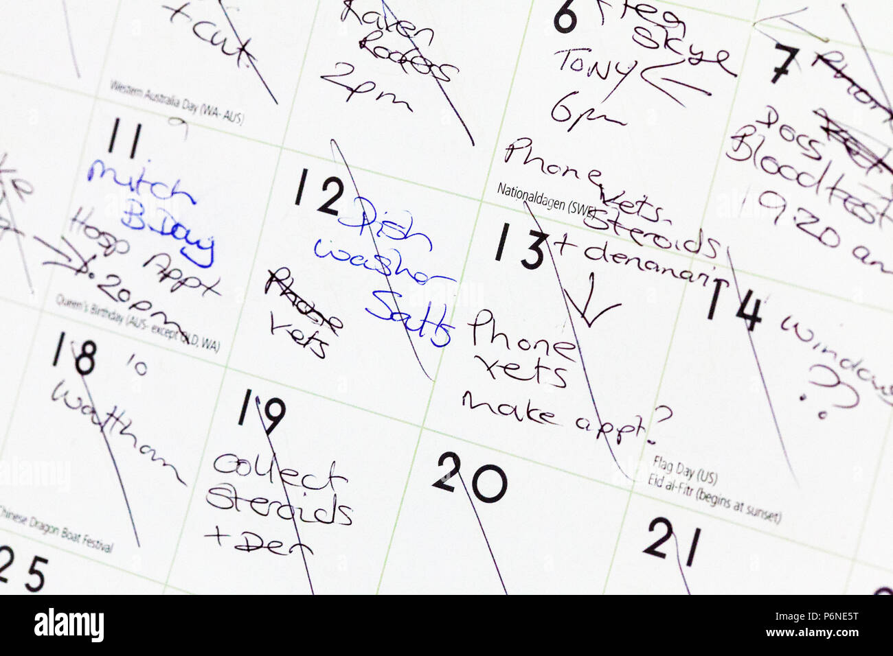 Terminplan, Kalender, Termine, Dinge zu tun, um Liste zu tun, vollständiger Kalender, Kalender, überarbeitet, Termin, Wiedervorlage, Erinnerungen, Termine Stockfoto