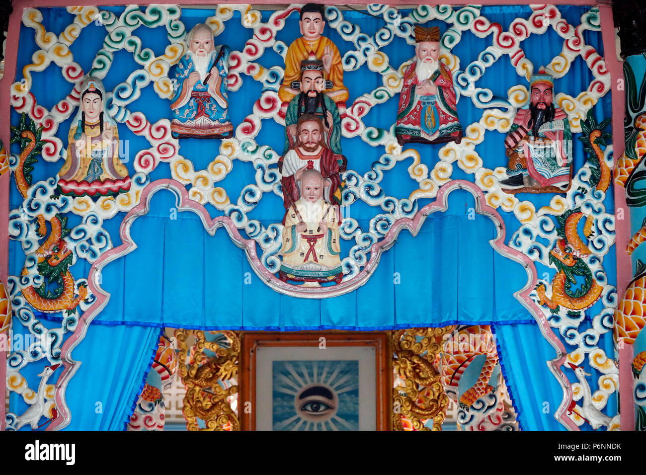 Cao Dai Tempel. Lao Tseu, Jesus, Bouddha und Konfuzius. Cai. Vietnam. Stockfoto