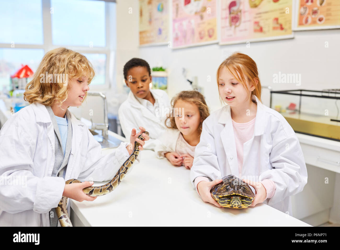 Gruppe von Kindern mit exotischen Tieren in der Biologie. Grundschule Lehre Stockfoto