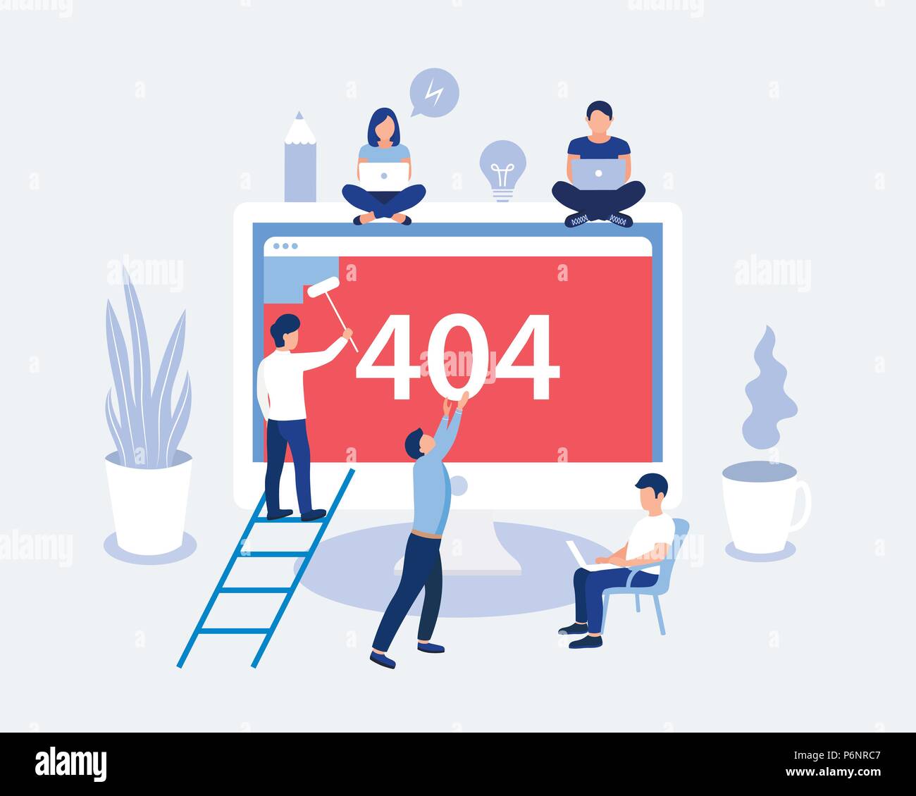 404 Fehlerseite Design Konzept. Laptop Bildschirm mit Fehler. Kleine Leute Reparatur der Standort, der mit einem Problem. Trendy Flat Style. Vector Illustration. Stock Vektor