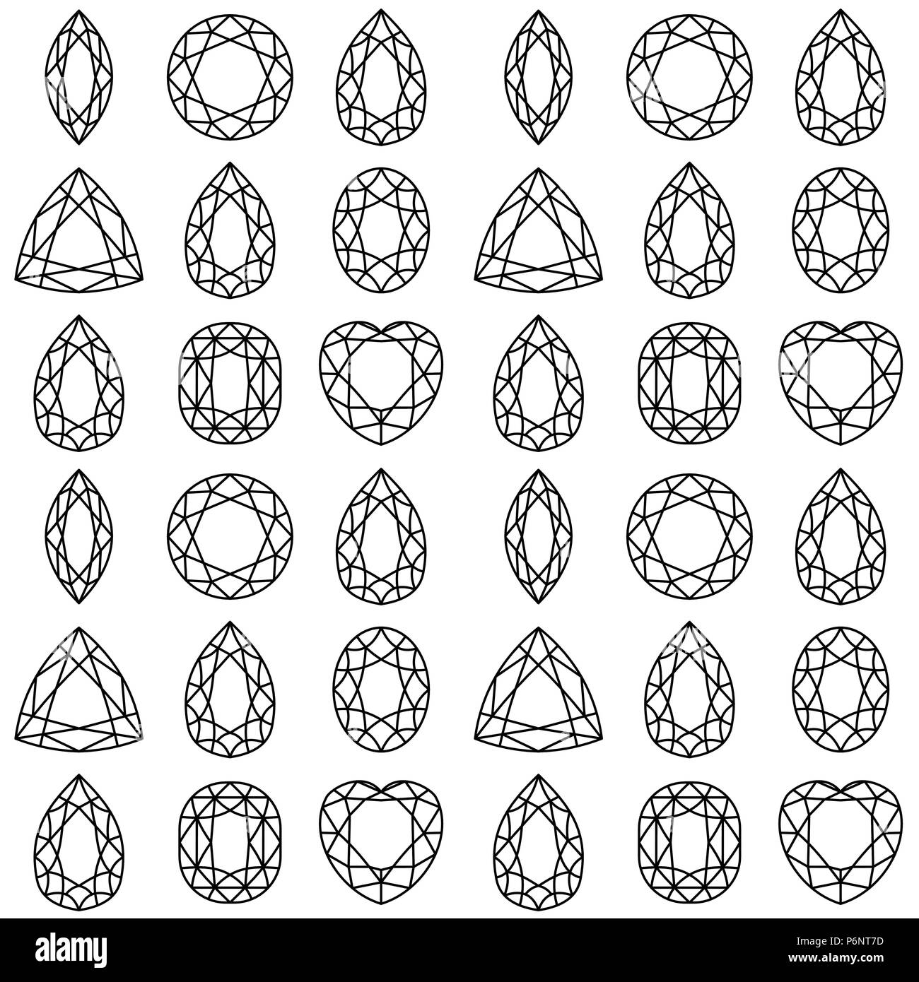 Monochrome nahtlose Muster mit Edelsteinen, Mineralien Kristalle, Natursteine mit schwarzer Kontur Linien auf weißem Hintergrund. Vector Illustration Stock Vektor