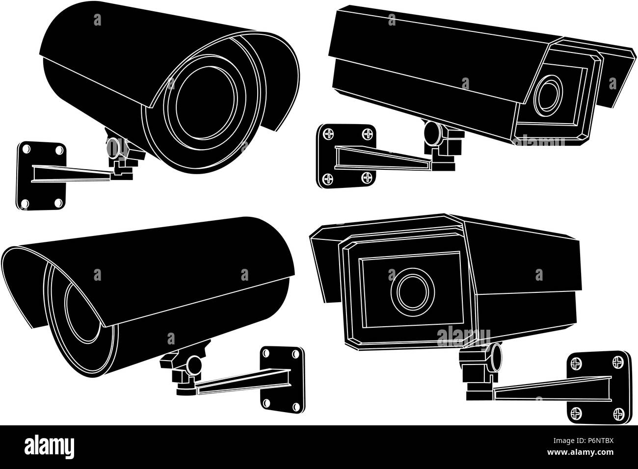 CCTV-Kamera einstellen. Schwarzer umriss Abbildung Stock Vektor