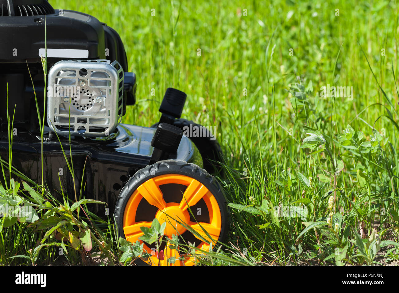 Rasenmäher oder Grass cutter steht auf frischen grünen Rasen, Seitenansicht, close-up Fragment Stockfoto