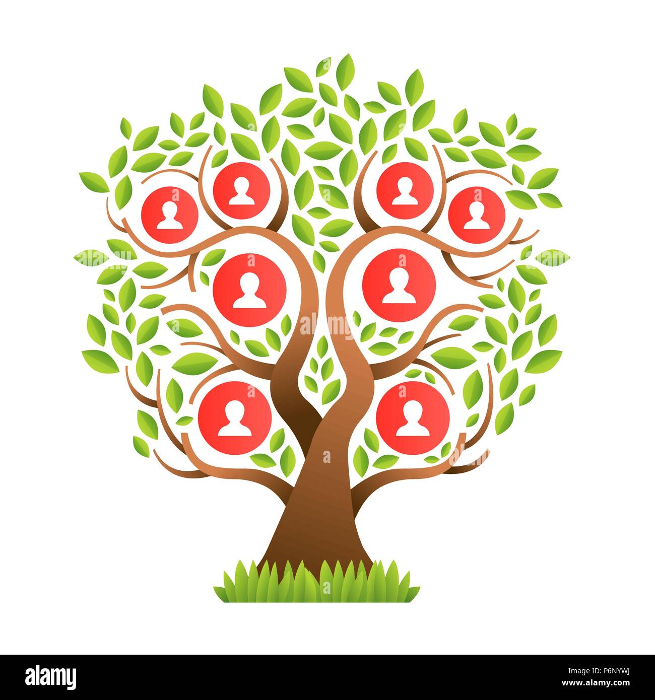 Stammbaum Vorlage Konzept mit Leuten die Symbole und bunten grüne Blätter für das Leben Generationen Geschichte. EPS 10 Vektor. Stock Vektor