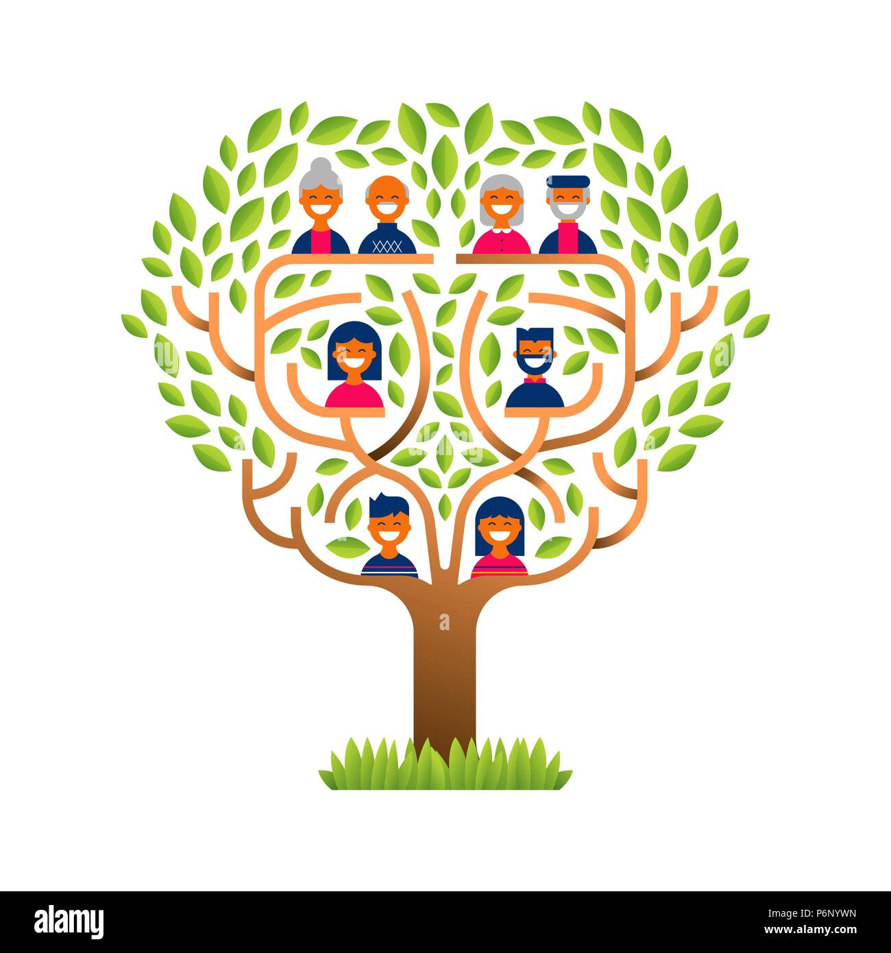 Big Family Tree template Konzept mit Menschen Symbole für das Leben Generationen Geschichte. Umfasst Kinder, Eltern und Großeltern. EPS 10 Vektor. Stock Vektor