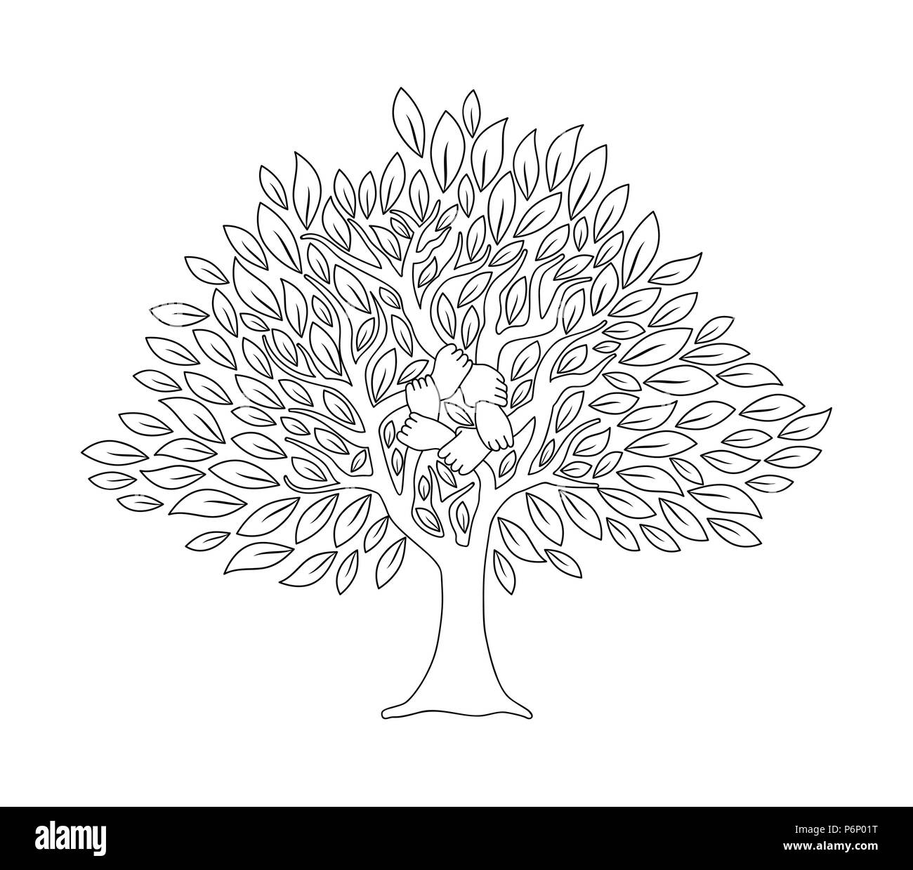 Baum mit menschlichen Händen zusammen im Umriss Stil. Community Team Konzeption Illustration für die Kultur der Vielfalt, Natur- oder Teamarbeit Projekt. EPS 10 vec Stock Vektor