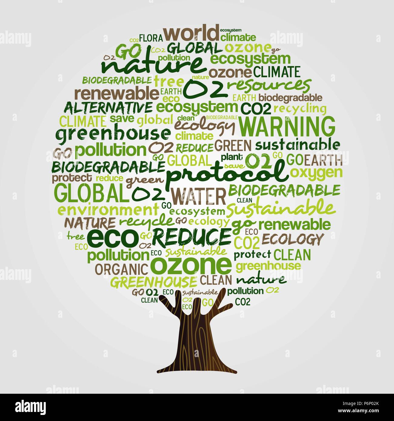 Baum aus umweltfreundlichen Typografie Anführungszeichen, grünes Konzept denken. Umwelt helfen Abbildung mit leistungsstarken Erde Erhaltung Worte. EPS 10 Vektor. Stock Vektor