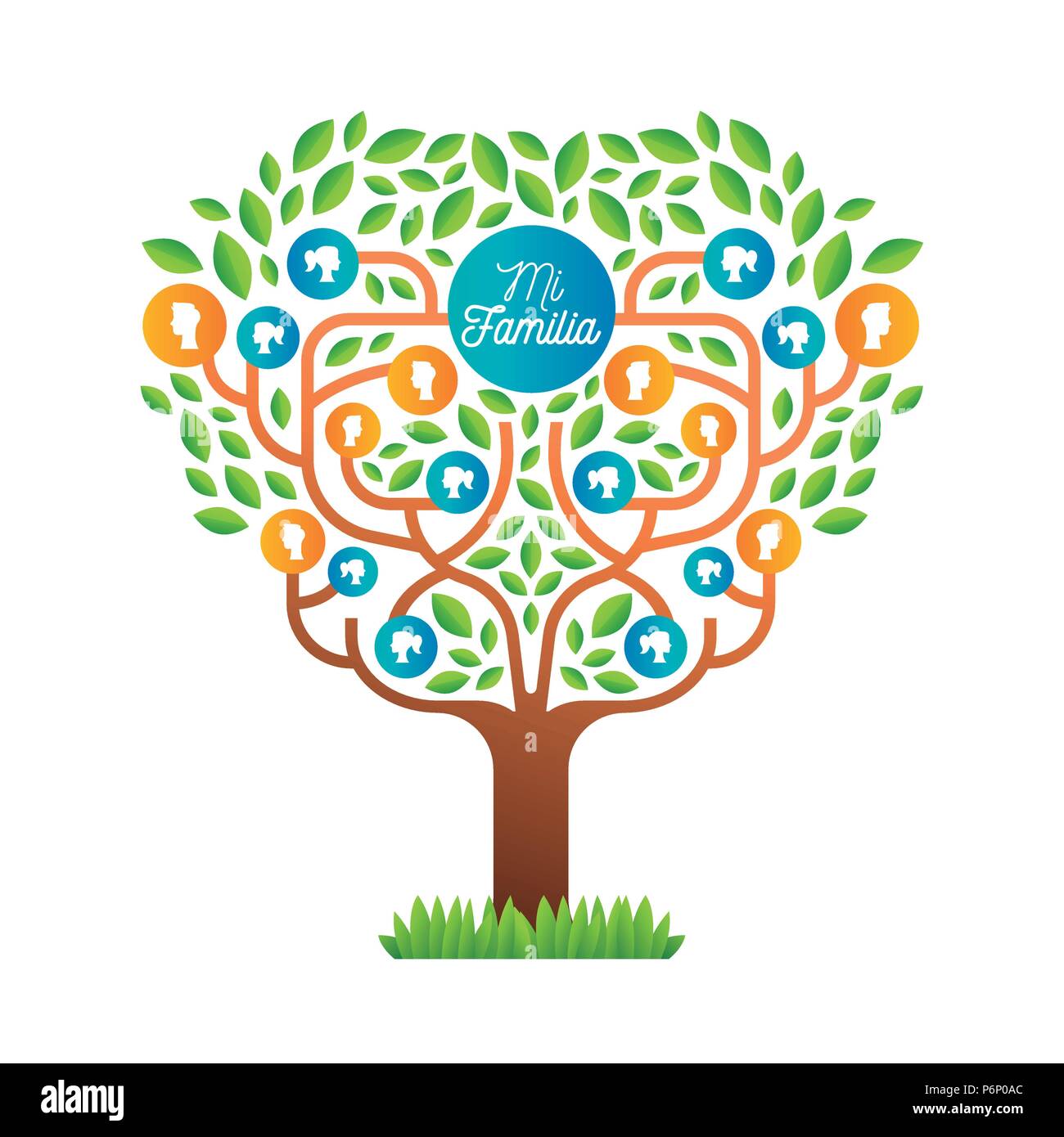Big Family Tree Template in der spanischen Sprache, Illustration Konzept mit Leuten die Symbole und bunten grüne Blätter für das Leben Generationen Geschichte. EPS 10 vec Stock Vektor