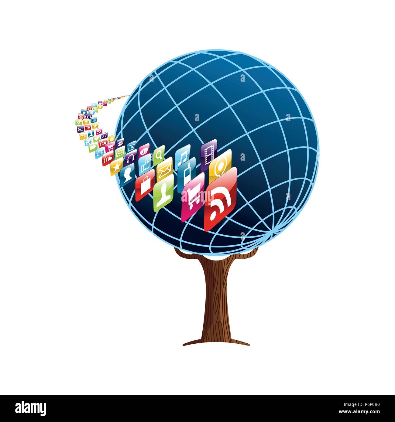 Baum mit Handy App Icons. Konzept Abbildung über globale Kommunikation, Internet Projekt oder On-line-Geschäft. EPS 10 Vektor. Stock Vektor