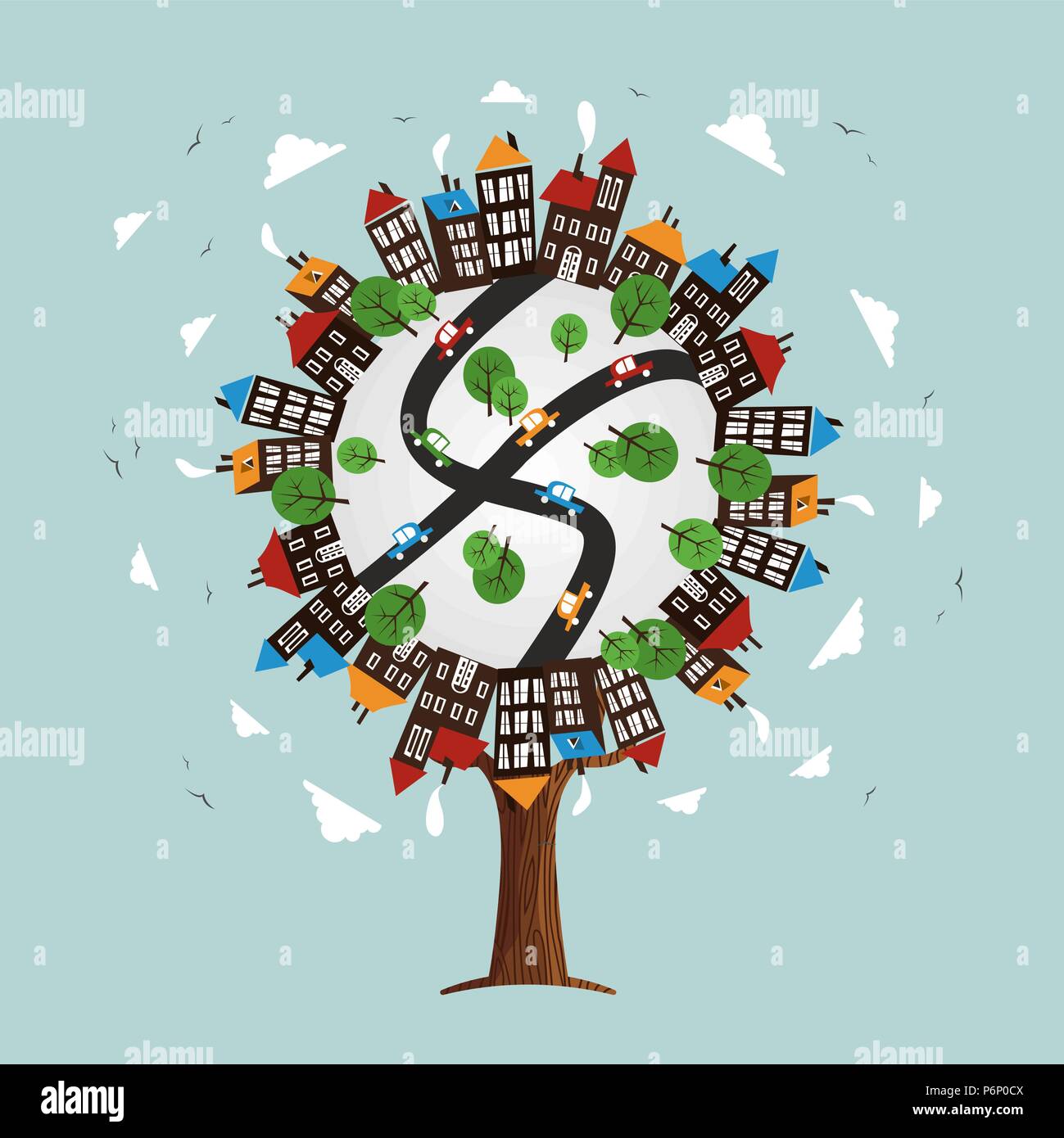 Baum mit Stadt Landschaft Welt. Abbildung Konzept umfasst Autos, Wohnhäuser, Straße und Bäumen. EPS 10 Vektor. Stock Vektor