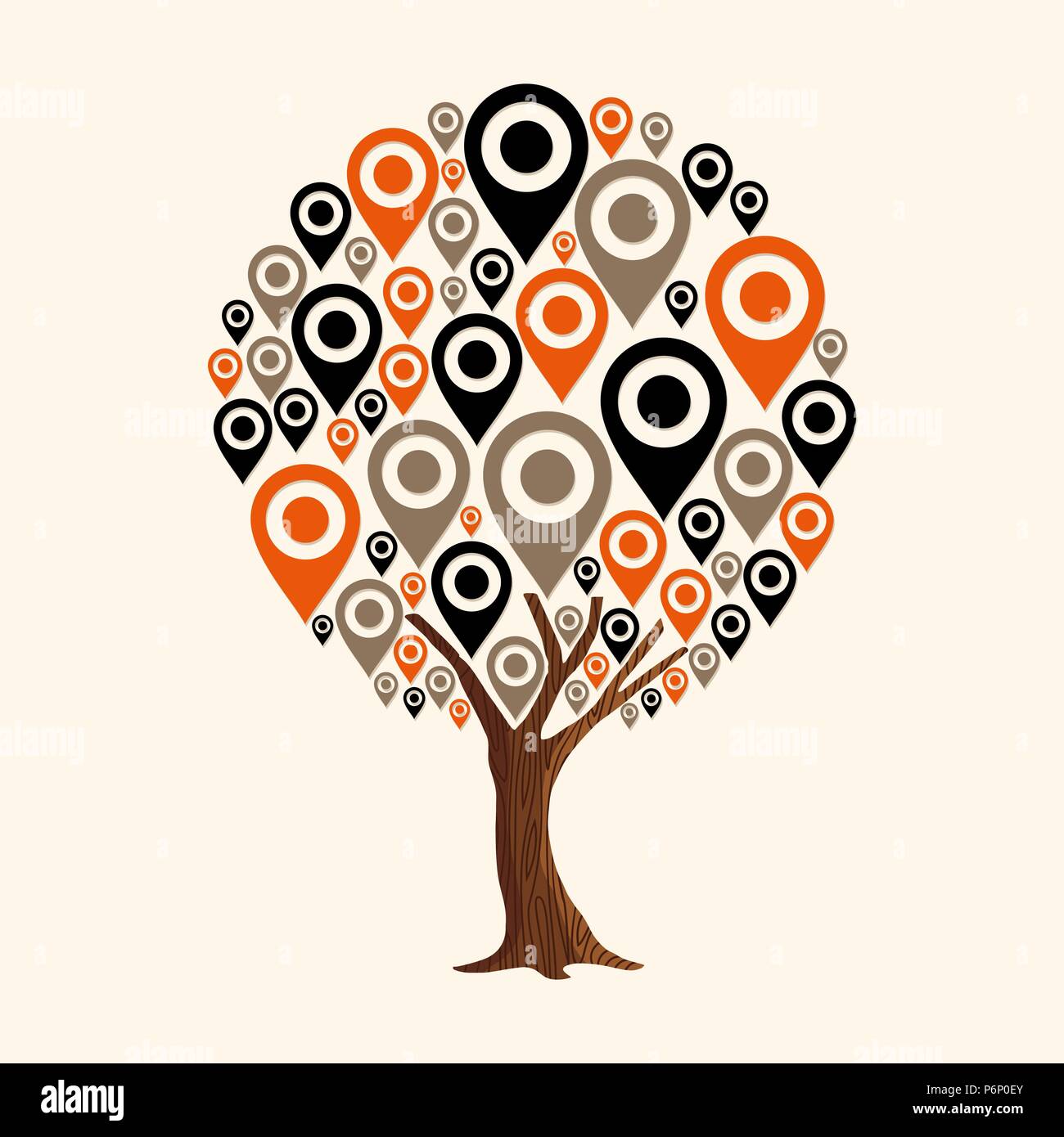 Baum mit GPS-Symbole. Konzept Abbildung über Reisen Lage, Navigation app oder Wegbeschreibungen. EPS 10 Vektor. Stock Vektor
