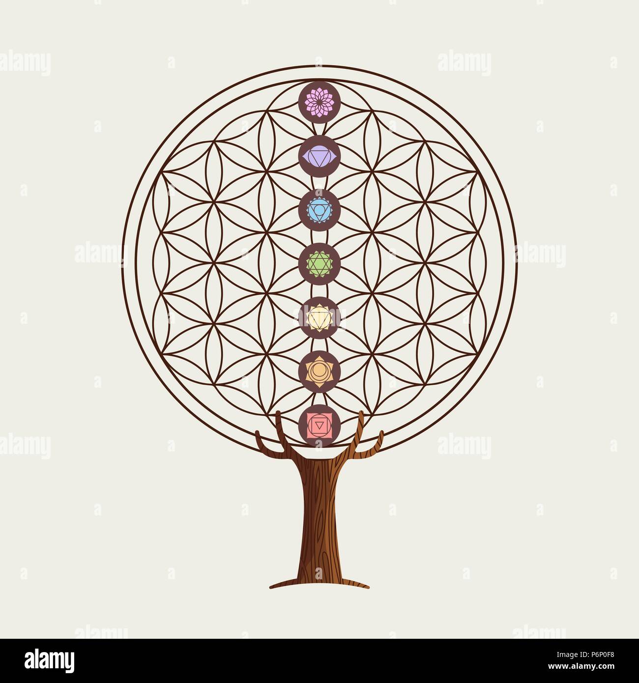 Yoga baum Konzept Abbildung. Blume des Lebens mit chakra Dekoration für Entspannung und Meditation. EPS 10 Vektor. Stock Vektor