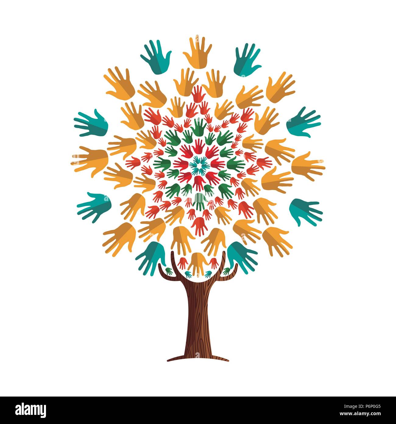 Baum aus bunten menschliche Hände in den Filialen. Community Hilfe Konzept, vielfältige Kultur Gruppe oder sozialen Projekt. EPS 10 Vektor. Stock Vektor