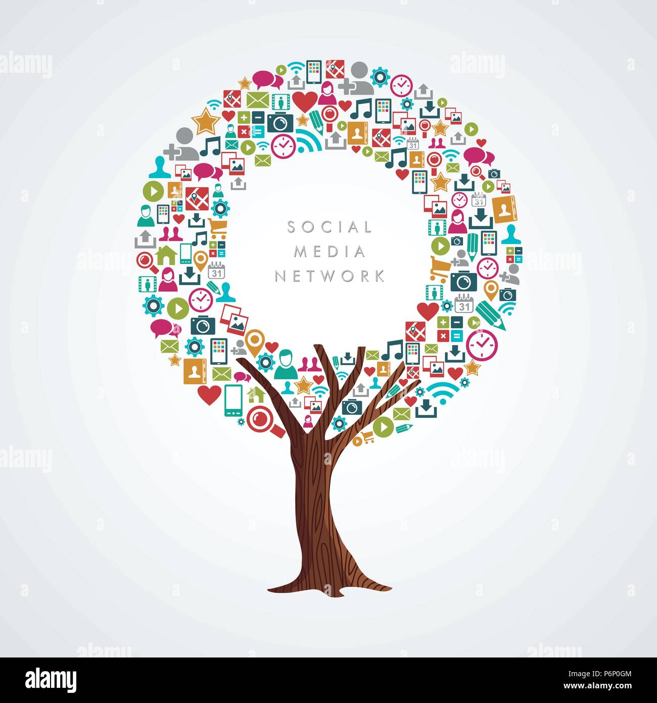 Baum mit Social Media App Icons. Konzept Abbildung über Netzwerk Kommunikation, Internet Projekt oder On-line-Geschäft. EPS 10 Vektor. Stock Vektor