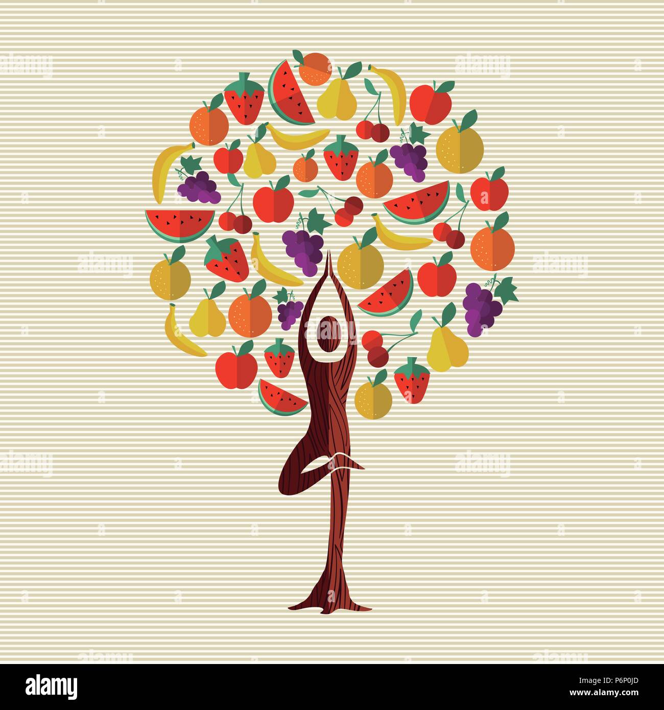 Baum aus Obst mit Frau Yoga dar. Gesunde Ernährung und Diät Konzept. Mit Wassermelone, Apple, Orange, Banane. EPS 10 Vektor. Stock Vektor