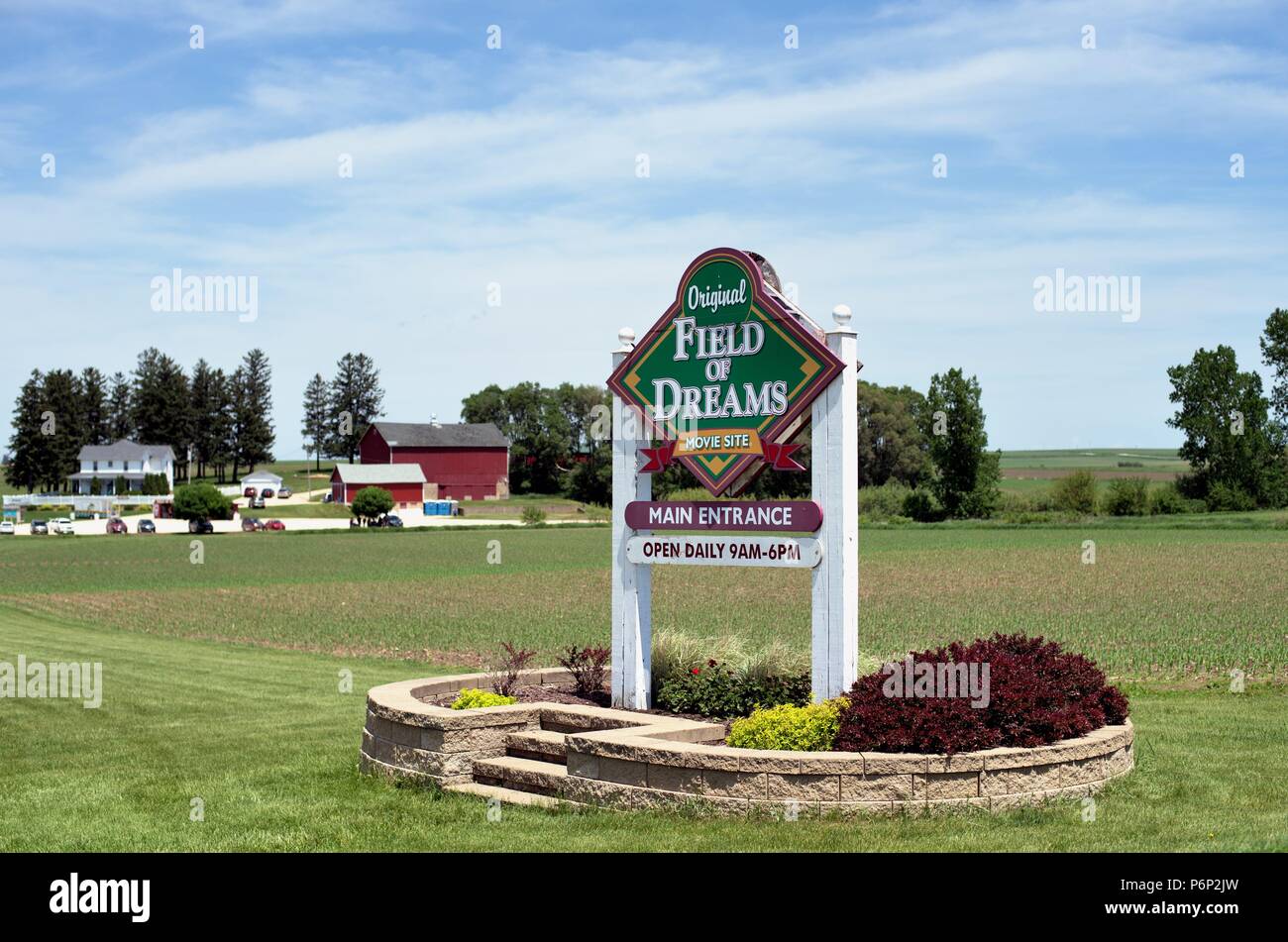 Dyersville, Iowa, USA. Der Eingang zum Feld und Begründung im Film "Feld der Träume" verwendet wurden im Takt nach der Herstellung des Films. Stockfoto