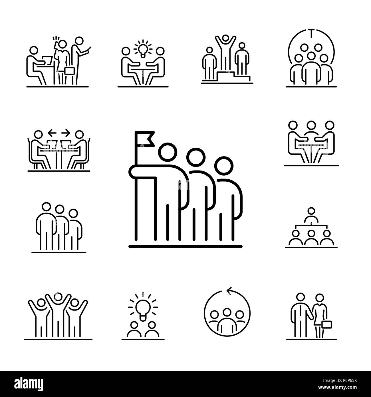 Teamarbeit business people Icon Set UI einfache Linie flache Abbildung. Stock Vektor