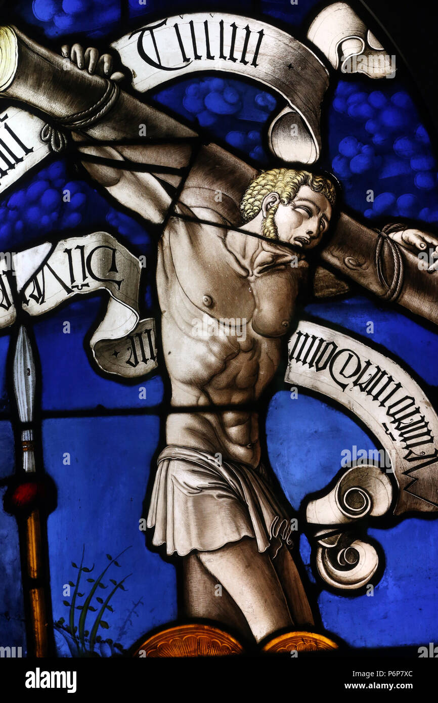 Das Museum der Geschichte. Glasfenster. Die Kreuzigung. Eine von zwei Dieben. Fribourg aus dem 16. Jahrhundert. Detail. Basel. Die Schweiz. Stockfoto