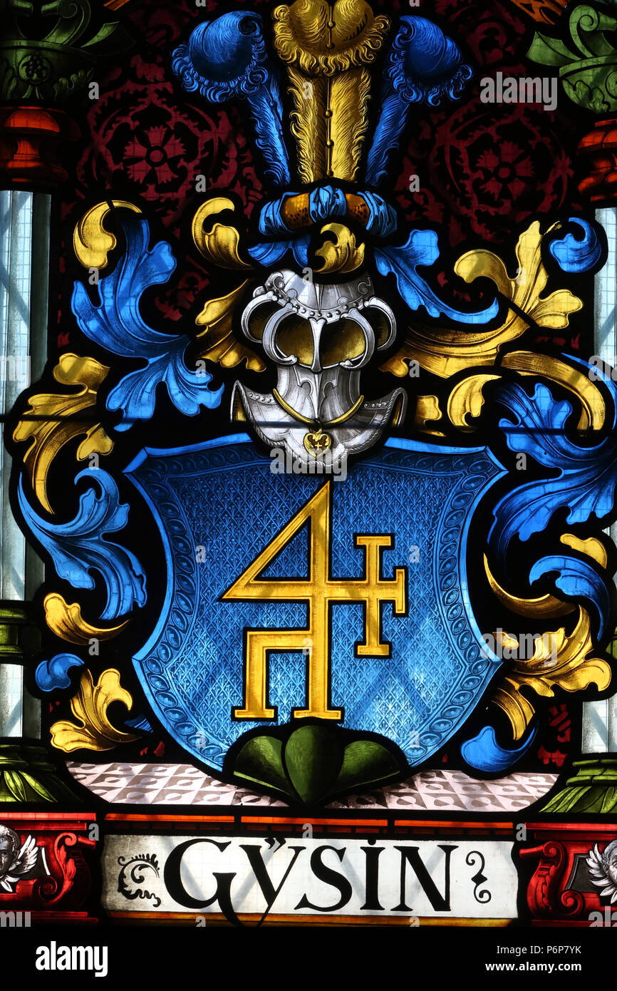 Das Museum der Geschichte. Glasfenster. Wappen. Detail. Basel. Die Schweiz. Stockfoto