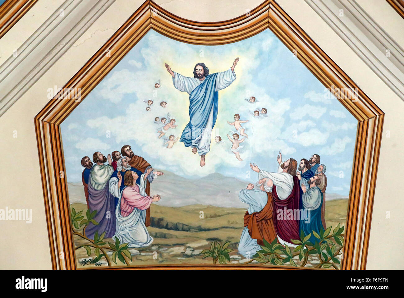 Lys-lez-Lannoy Kirche. Die Himmelfahrt Jesu. Wandmalerei. Stockfoto