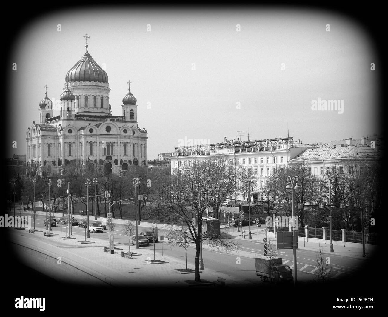 Die Christ-Erlöser-Kathedrale in Moskau, ein schwarz-weiß Foto Stockfoto