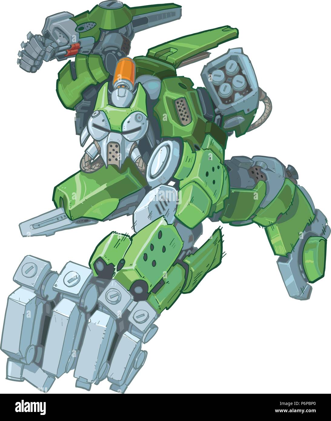 Vektor cartoon Clipart Illustration eines harten humanoide Roboter Soldat grün Maskottchen springen und werfen einen Körner in einem Manga Comic Stil. Linien ein Stock Vektor