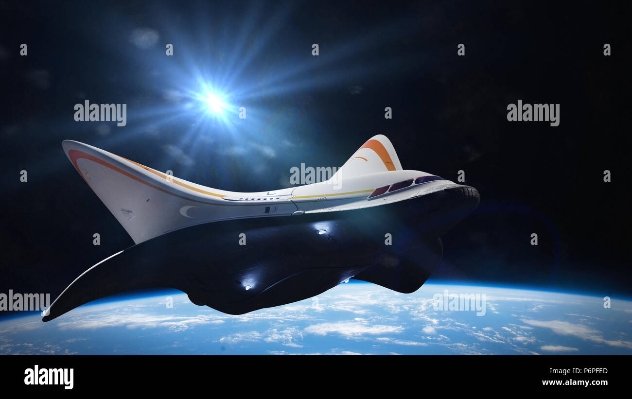 Raumschiff in der Umlaufbahn des Planeten Erde, shuttle Reise in den Weltraum (3d-science fiction Rendering) Stockfoto