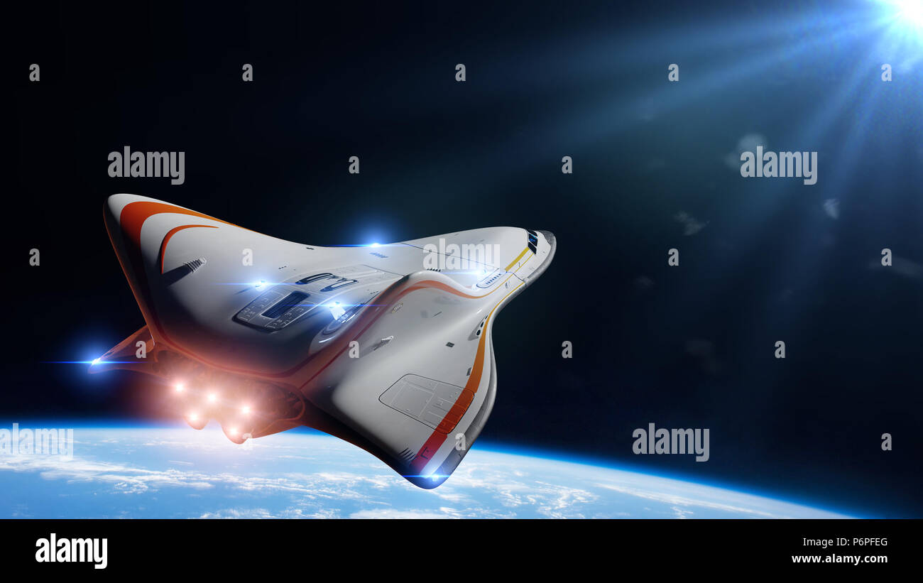 Raumschiff in der Umlaufbahn des Planeten Erde, Shuttle umkreist die Blue Planet (3d-science fiction Rendering) Stockfoto