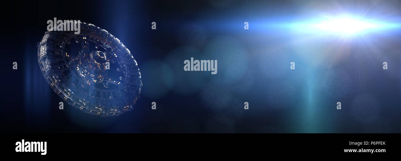 Raumstation im leeren Raum beleuchtet, die von einem Stern (3d-science fiction rendering Banner) Stockfoto