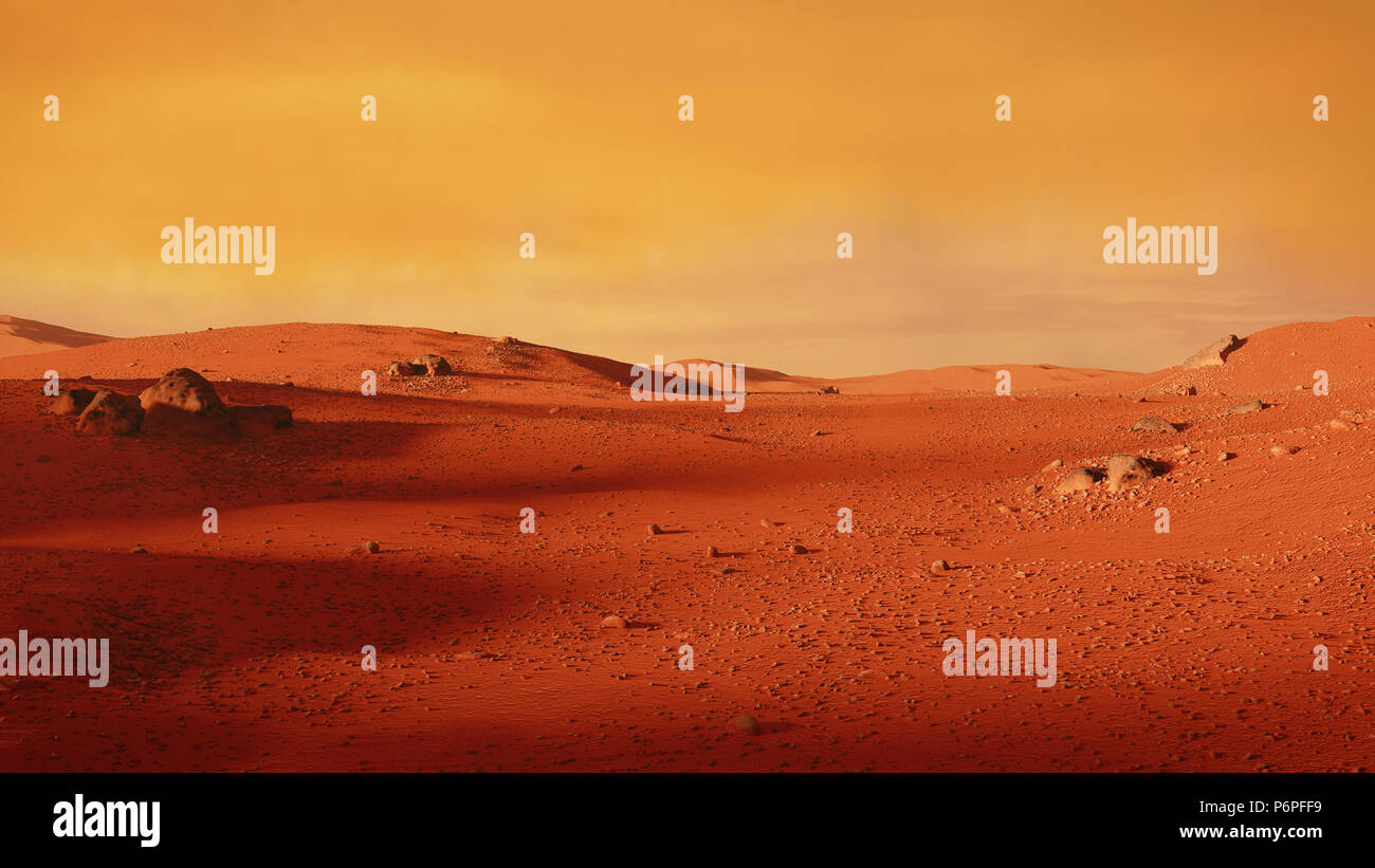 Landschaft auf dem Planeten Mars, malerischen Wüste Szene auf dem Roten Planeten (3d-Abbildung) Stockfoto
