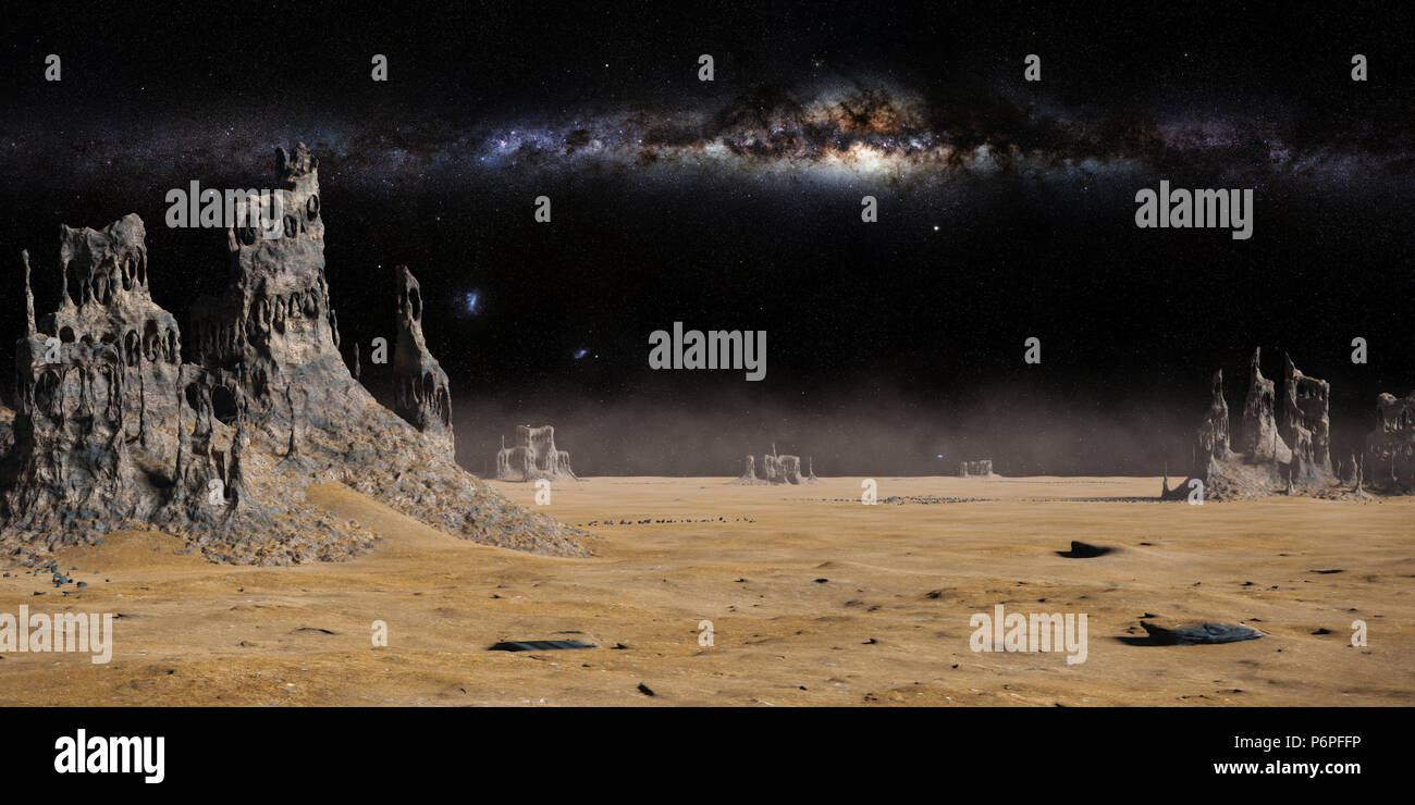 Fremden Planeten Landschaft beleuchtet durch die Sterne der Milchstraße Stockfoto